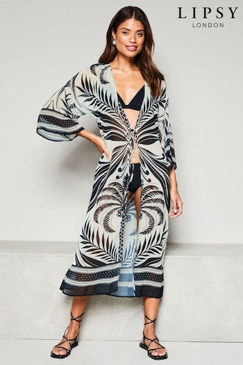 Lipsy Black/White Printed Sheer Tie Front Long Sleeve Summer Kimono (R73883) | £36