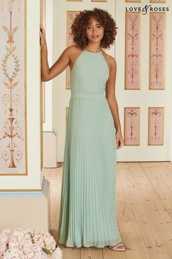 Hot Water Bottles Green Sage Pleated Lace Insert Bridesmaid Maxi Dress (R74602) | £92