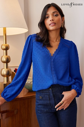 Love & Roses Cobalt Blue V Neck Lace Long Sleeve Lace Trim Dobby Blouse (R74858) | £36