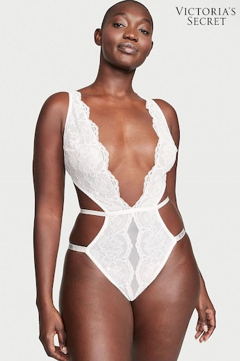 Victoria's Secret Coconut White Shine Strap Lace Crotchless Bodysuit (R74887) | £69