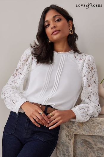 Love & Roses White Tie Back Long Sleeve Lace Blouse (R75013) | £40