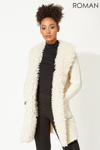 Roman Cream Originals Longline Faux Shearling Knit Coatigan (R75304) | £45