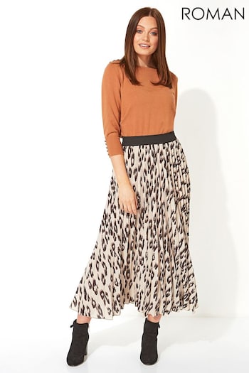 Roman Brown Animal Print Pleated Maxi Skirt (R75340) | £38
