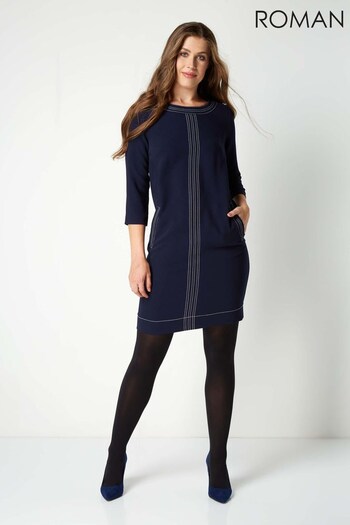 Roman Blue 3/4 Sleeve Top Stitch Shift Dress (R75602) | £40