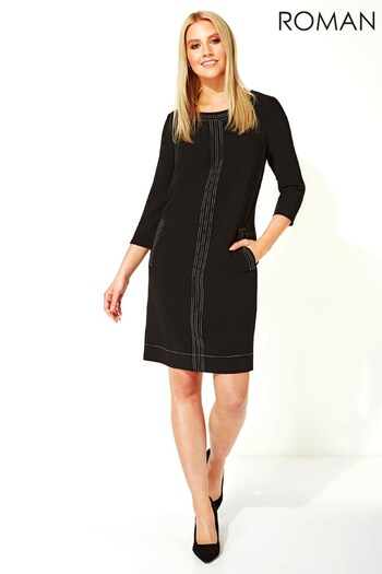 Roman Black 3/4 Sleeve Top Stitch Shift Dress (R75604) | £40