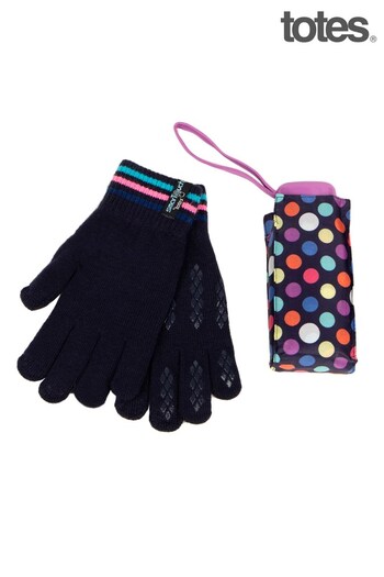 Totes Blue Compact Flat Umbrella & Knit Gloves (R77378) | £22