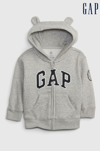 Gap Light Grey Logo Zip Up Bear Ear Baby Hoodie (R77522) | £20