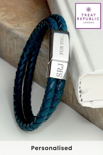 Personalised Teal Leather Bracelet by Treat Republic (R79384) | £28