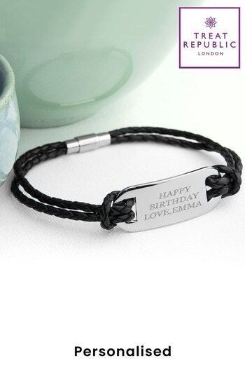 Personalised Men's Black Leather Bracelet by Treat Republic (R79391) | £27