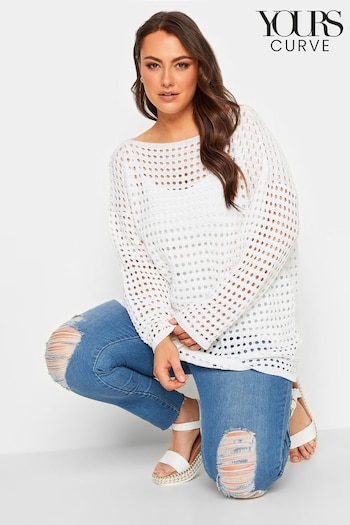 Yours Curve White Long Sleeve Crochet Mesh Tunic (R79745) | £27