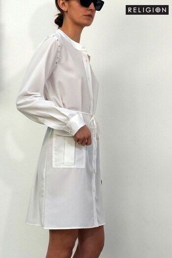 Religion White Long Line Tunic Shirt Dress With Patch Pockets And Studs (R80366) | £60