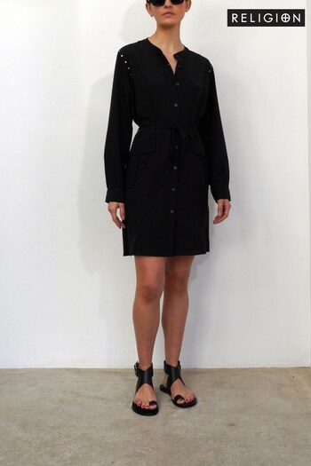 Religion Black Long Line Tunic Shirt Dress With Patch Pockets And Studs (R80367) | £60