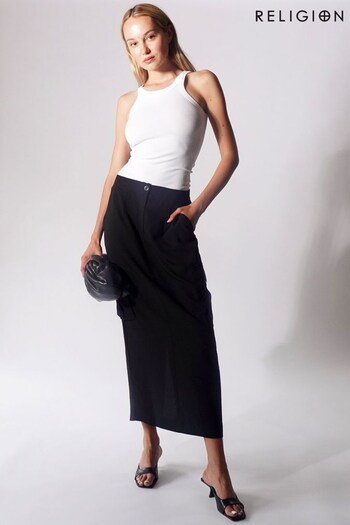 Religion Black Utility Inspired Maxi Skirt With Patch Pockets (R80368) | £54