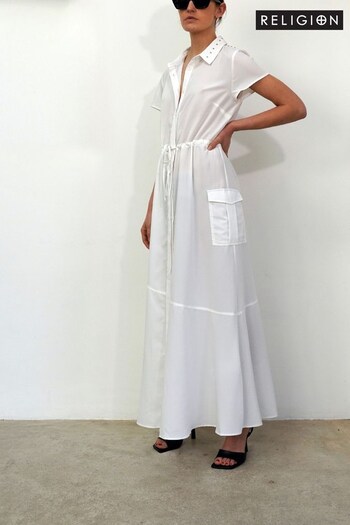 Religion White Utility Inspired Maxi Shirt Dress With Patch Pockets (R80369) | £84