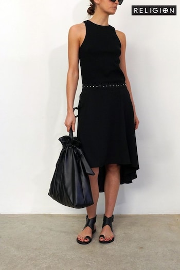 Religion Black High Low Midi Skirt In Light Crepe With Studded Waist (R80370) | £50