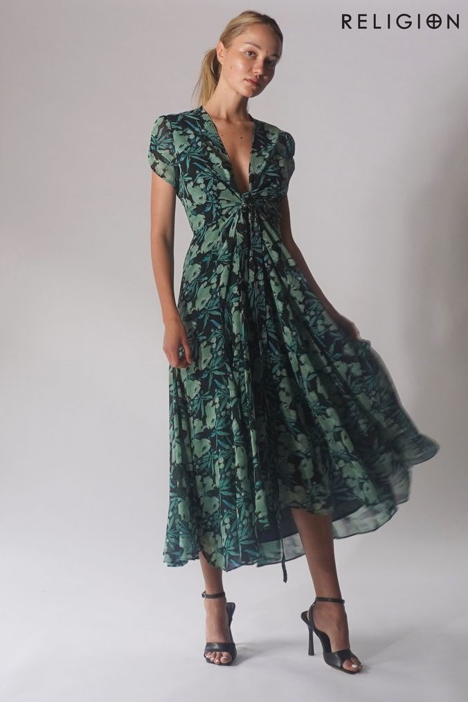 Cap sleeve green hotsell floral print plunge dress