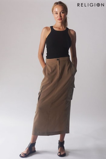 Religion Brown Utility Inspired Maxi Skirt With Patch Pockets (R80378) | £54