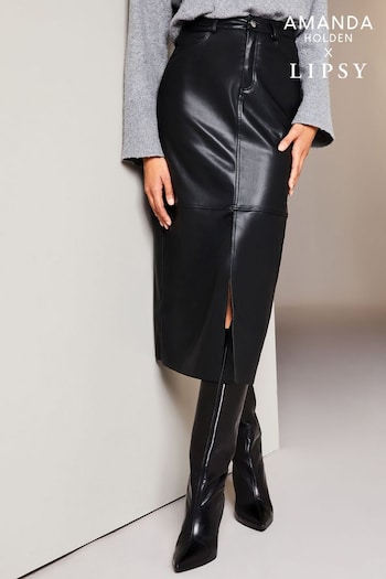 Black Faux Leather Split Hem Midi Skirt (R80409) | £46