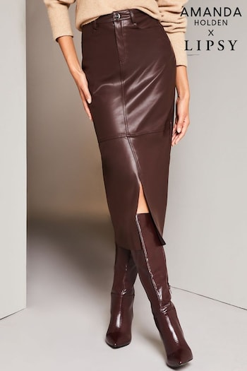 Lipsy Berry Red Faux Leather Split Hem Midi Skirt (R80410) | £46