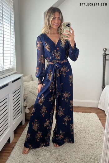 Style Cheat Navy Floral Carly Wide Leg Wrap Jumpsuit (R80413) | £75