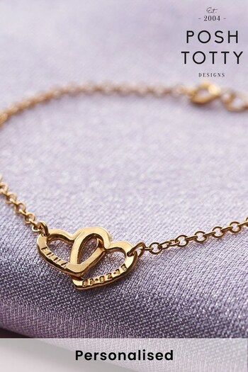 Personalised Double Heart Names Bracelet 18ct Yellow Gold Plate (R80522) | £69