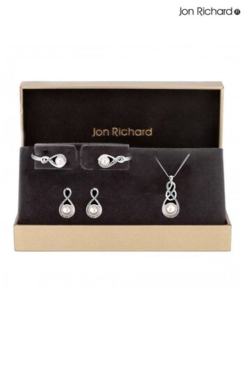 Jon Richard Silver Plated Gift Boxed Crystal Infinity and Pearl Jewellery Set (R80903) | £30