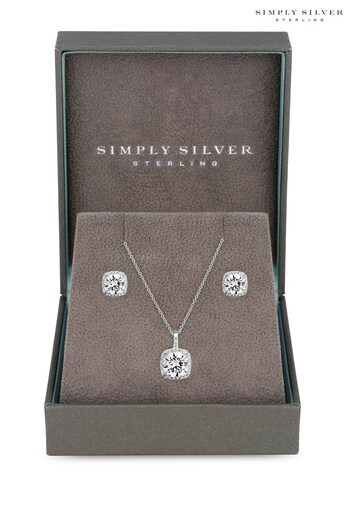 Simply Silver White Gift Boxed Sterling Silver 925 Square Halo Solitaire Jewellery Set (R80915) | £30