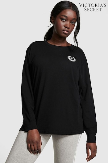 Victoria's Secret Pure Black Long Sleeve Oversized Campus T-Shirt (R82811) | £30