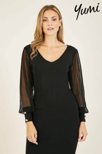 Yumi Black Knitted Bodycon Dress With Chiffon Sleeves (R83584) | £60
