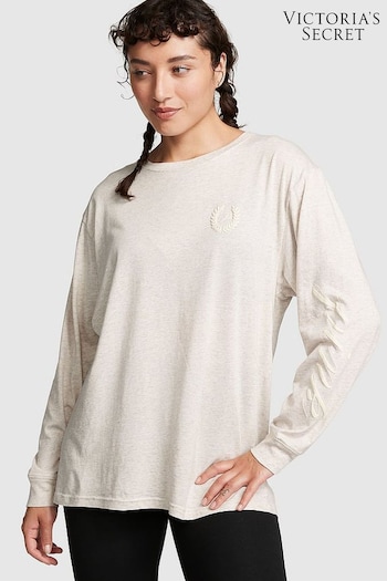 Victoria's Secret PINK Heather Oatmeal Beige Long Sleeve Oversized Campus T-Shirt (R83655) | £29