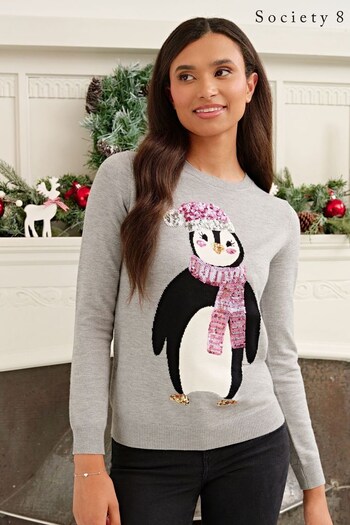 Society 8 Grey Penguin Ladies Christmas Jumper (R84765) | £25