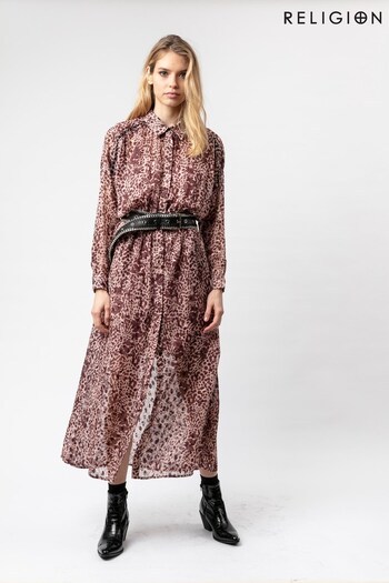 Religion Pink Animal Print Midi Shirt Dress With Elasticated Belt (R90350) | £110