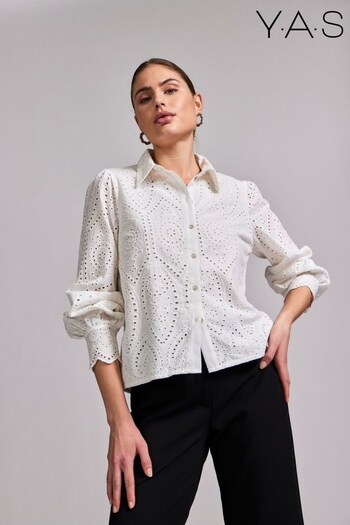 Y.A.S White Broderie Cotton Puff Sleeve Shirt (R90512) | £65