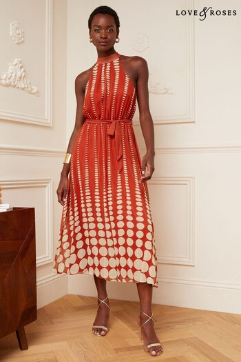 Matching Family Christmas Rust Spot Printed Halter Pleated Belted Midi Dress (R90515) | £70