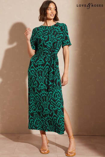 Love & Roses Green Aztec Print Jersey Short Sleeve Belted Midi Dress (R90517) | £44