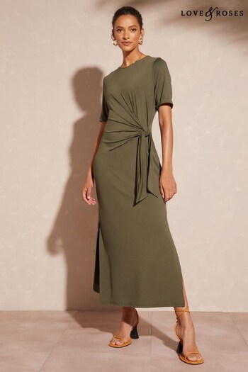Shoes & Accessories Khaki Green Jersey Short Sleeve Belted Midi Dress (R90523) | £39