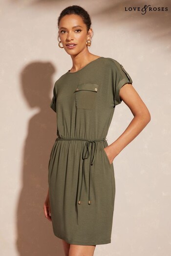 Tuxedos & Partywear Khaki Green Jersey Utility Pocket Short Sleeve Mini Dress (R90652) | £38