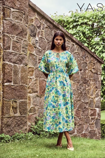 Y.A.S Blue Floral Cut Out Puff Sleeve Midi Dress (R91332) | £85
