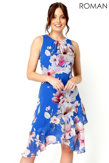 Roman Royal Blue Floral Chiffon Hanky Hem Ruffle Midi Dress (R96324) | £45