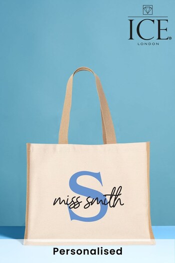 Monogrammed Canvas and Jute Tote - Blue by Ice London (R96667) | £16