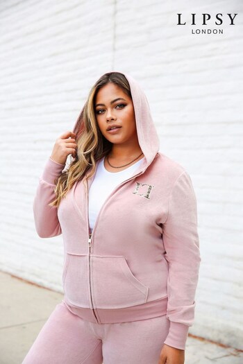 Lipsy Pink Curve Embroidered Patch Velour Zip Up Hoodie (R97003) | £28