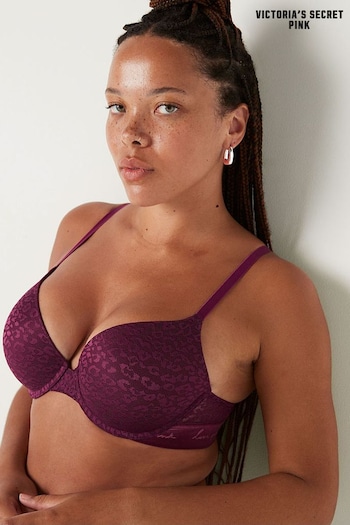 Victoria's Secret PINK Rich Maroon Purple Lace Lightly Lined Push Up T-Shirt Bra (RC5621) | £25
