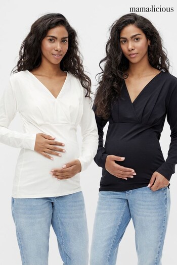 Mamalicious Black 2 Pack V Neck Maternity & Nursing Function Long Sleeve Top (RM4631) | £40