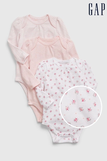 Gap Pink Floral 3 Pack Long Sleeve Baby Bodysuits (RY5338) | £20