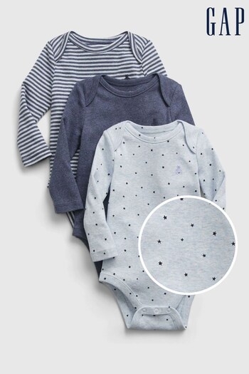 Gap Blue 3 Pack Long Sleeve Baby Bodysuits (RY6045) | £20