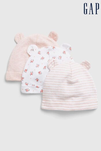 Gap Light Pink Floral Organic Cotton 3 Pack First Favourite Baby Beanie Hats Seanox (RZ3562) | £10