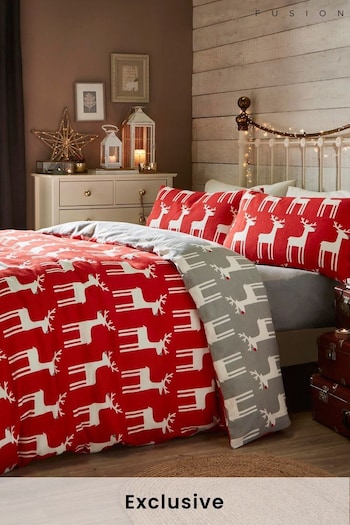Fusion Grey Christmas Reindeer Brushed Cotton Duvet Cover and Pillowcase Set (T00488) | £20 - £35