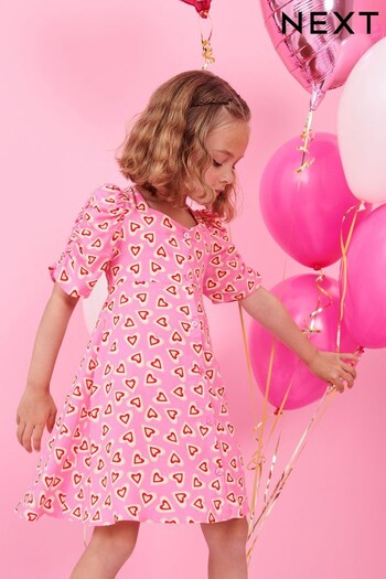 Pink/Red Heart Print Ruched Sleeve Dress (3-16yrs) (T02068) | £14 - £19