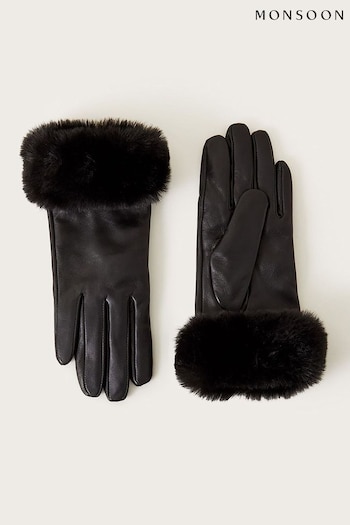 Monsoon Faux Fur Trim Leather Black Gloves (T02882) | £35