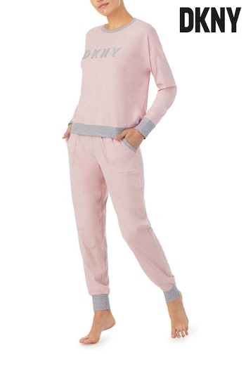 DKNY Pink Signature Cotton Logo Top And Joggers Pyjama Set (T03014) | £79